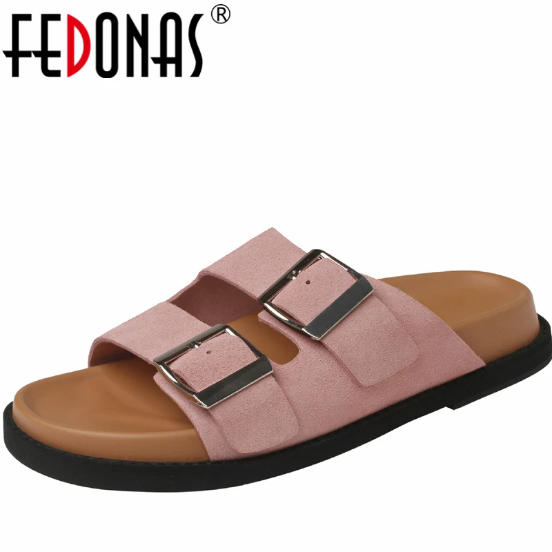 

FEDONAS Leisure Retro Platforms Slippers Women Sandals Summer Genuine Leather Flats Fashion Buckles Casual Outdoor Shoes Woman