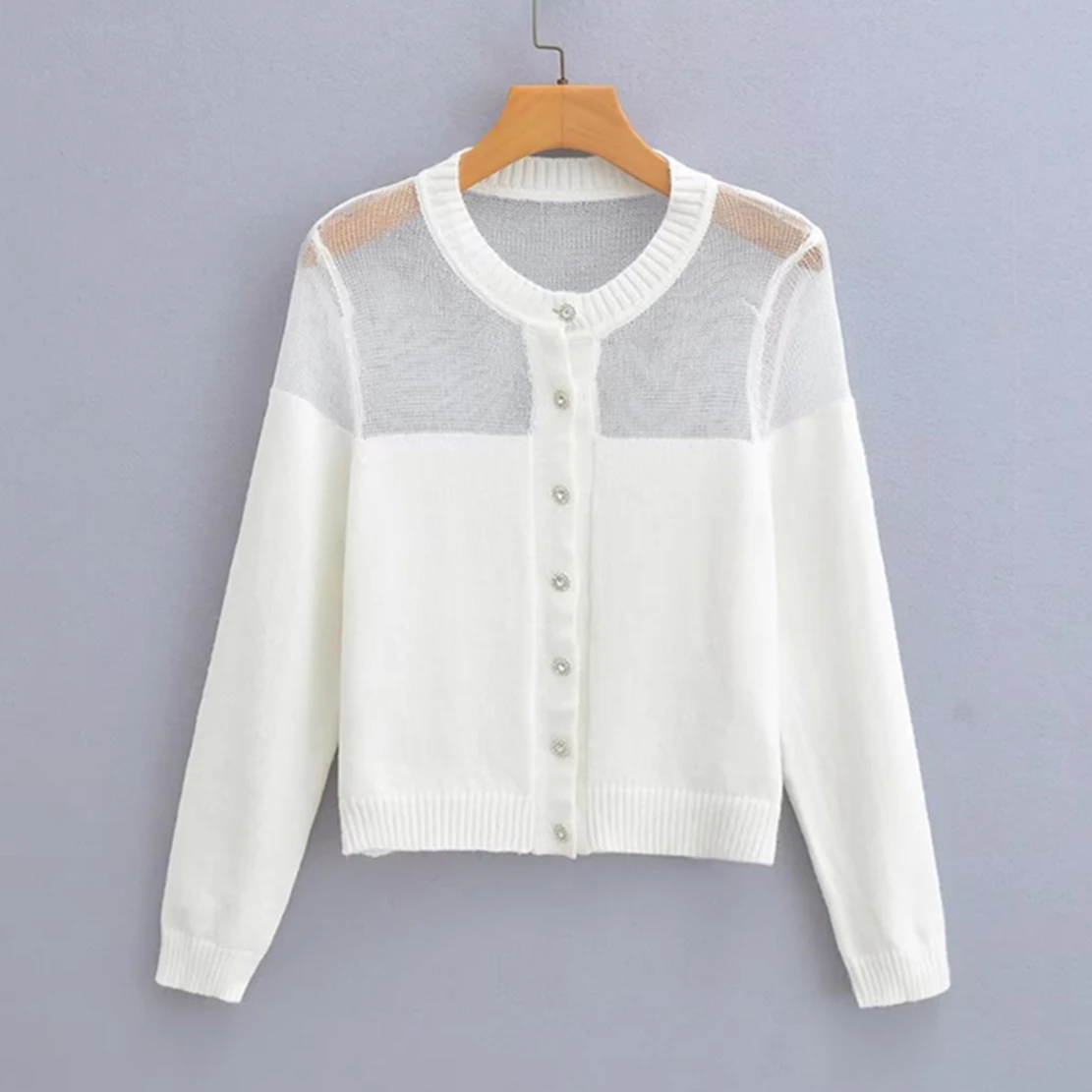 

Jenny&Dave Fashion Simple Single Breasted Perspective Splicing Knitwear Casual Sweaters Women Tops