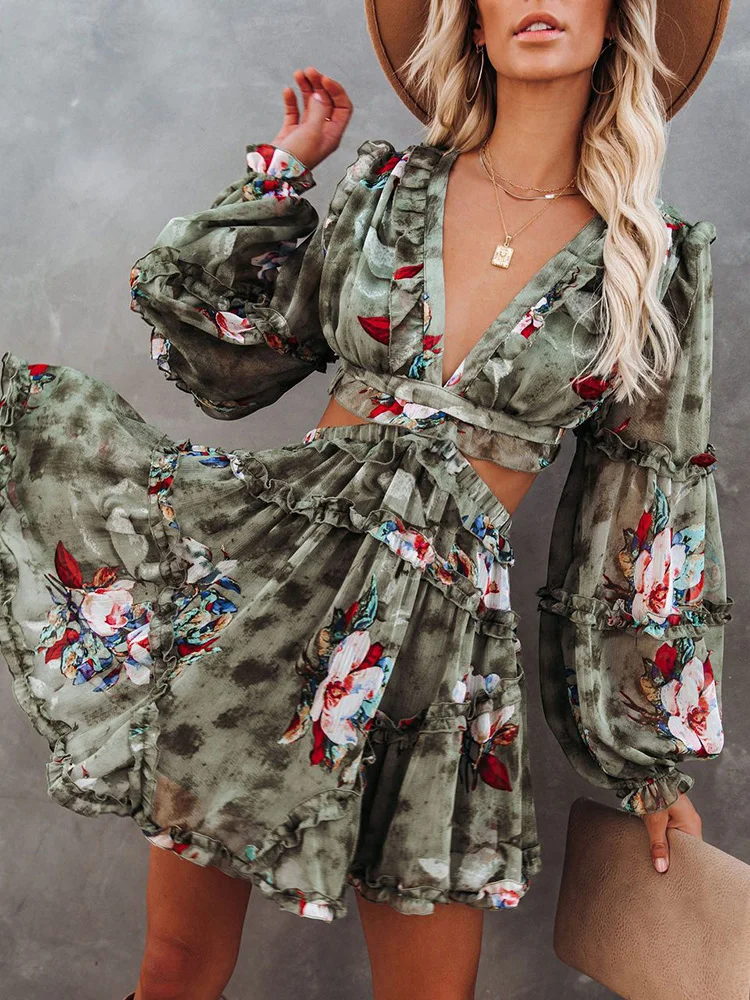 Fitshinling Backless Lace Up Chiffon Dress Ruffles Lantern Sleeve Cut Out Pareos Print Floral Sexy Deep V Neck Robe Slim Dresses |