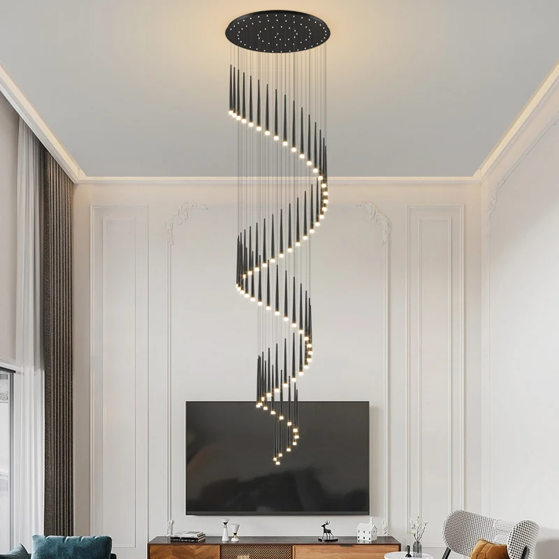 

Modern Meteor Led Chandelier For Stairs Hotel Villa Living Room Dining Room Kitchen Loft Black Pendant Lamp Design Hanging Light