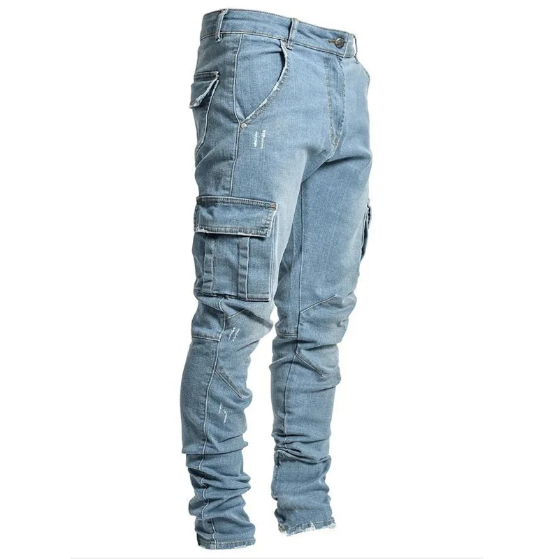 New Men's Fashion Motorcycle Jeans Vintage Slim Pockets Jeans Casual Street Style Hip Hop Retro Denim Jeans Plus Size