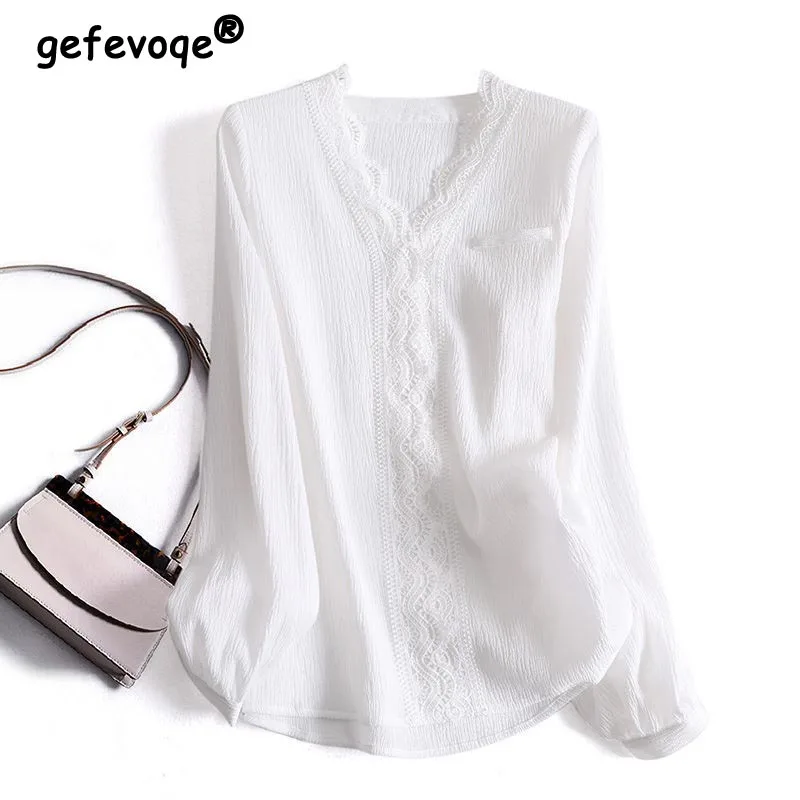Fashion Lace White T-Shirt V Neck Long Sleeve Elegant Pullover Tops Spring Summer Korean Style Chic Casual Loose Female Clothing