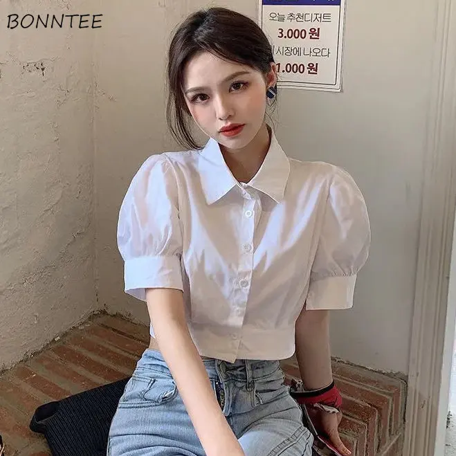 

White Shirts Women Summer New Puff Sleeve Sweet Office Ladies All-match Crop Tops Korean Style Casual Chic Temperament Ulzzang
