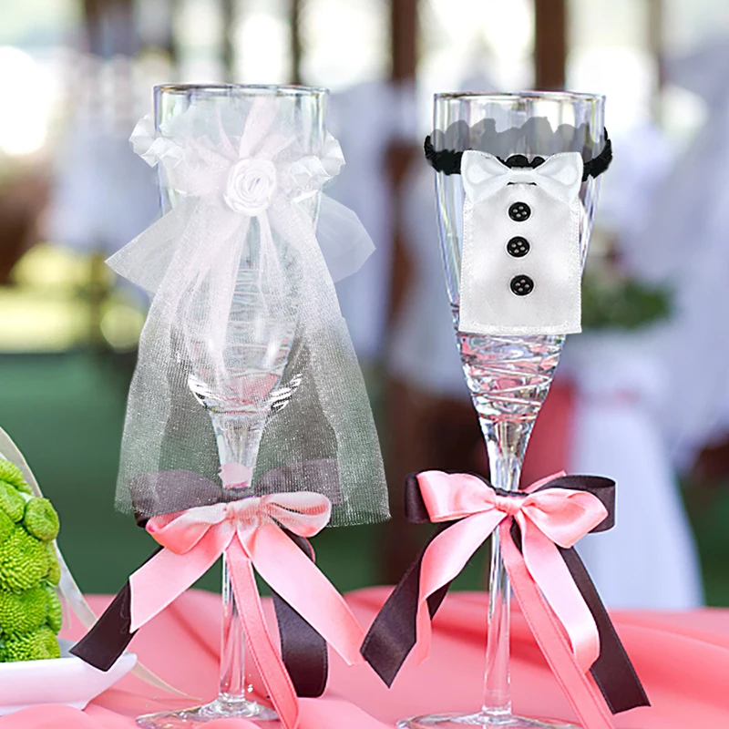 

1set Wedding Wine Glasses Decoration Bride And Groom Champagne Glasses Cups Cover For Wedding Engagement Marriage Party Supplies