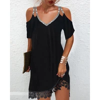 summer women fashion sexy solid cotton blends v neck short sleeve straight dress contrast lace cold shoulder casual dress