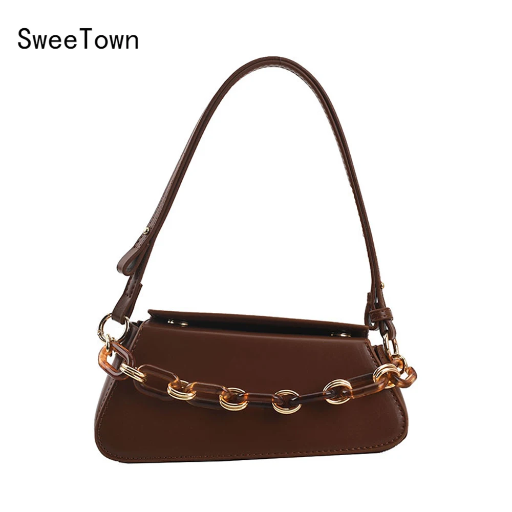 

Sweetown Women Fashion Vintage Armpit Bag Female Bag 2022 New Chain Small Square Bag Shoulder Messenger Bag Desiger Handbag
