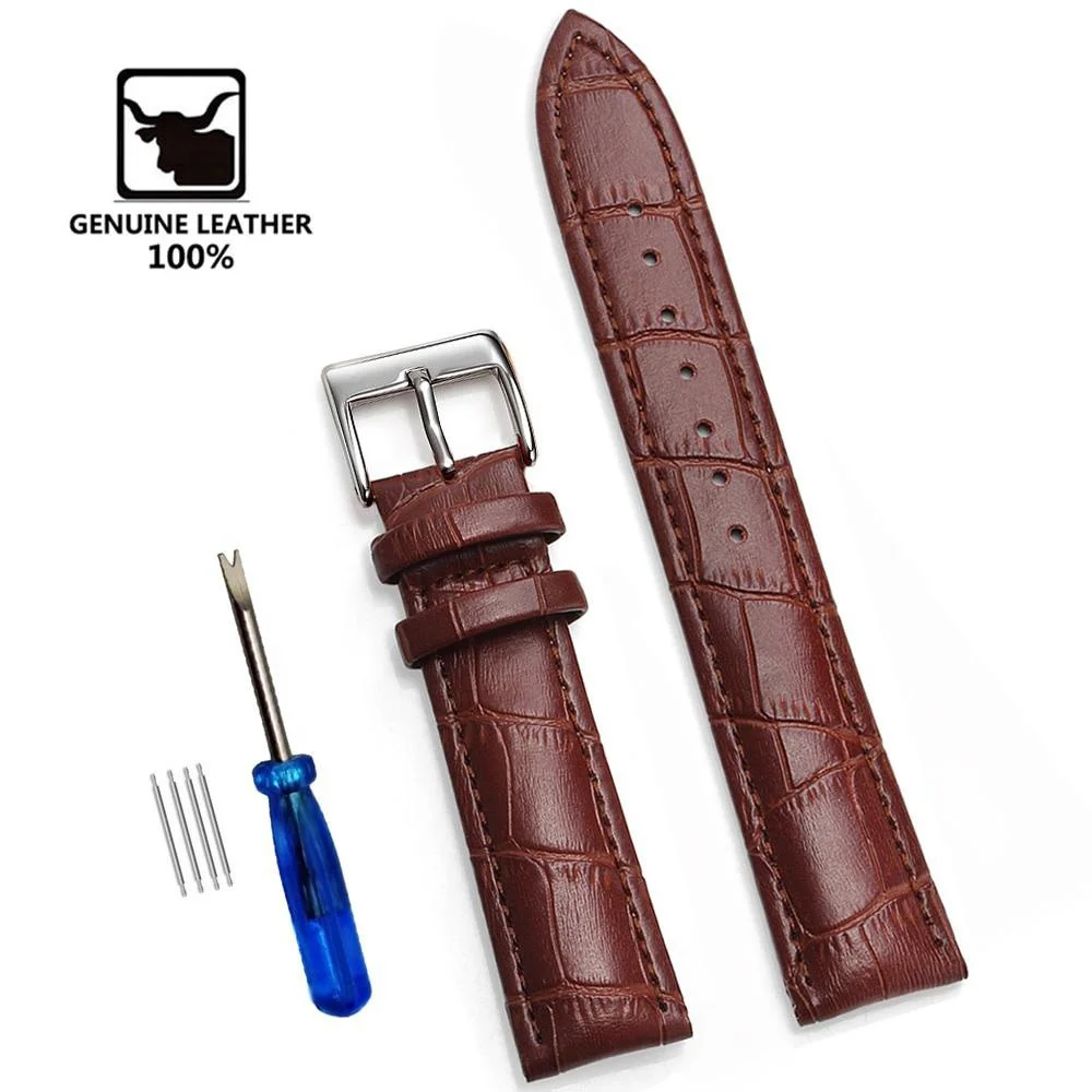 18mm Watch Band Genuine Leather Pink Watchband 20mm 22mm Steel Pin Buckle Blue Watch Strap 24mm Wrist Belt Watch Accessory+Tools