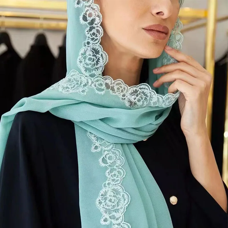 Lace Hijabe Bubble Chiffon Scarf Women Long Size Pashmina Lady Shawl Female Wraps Bandana Foulard Hijabs Solid Soft Beach Stoles
