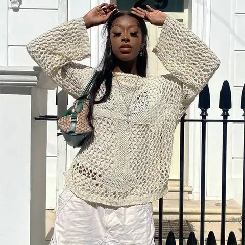 Y2K Hollow Out Knitted Sweaters for Women O Neck Long Sleeve Oversized Summer See Through Vintage Sexy Beach Loose Pullovers