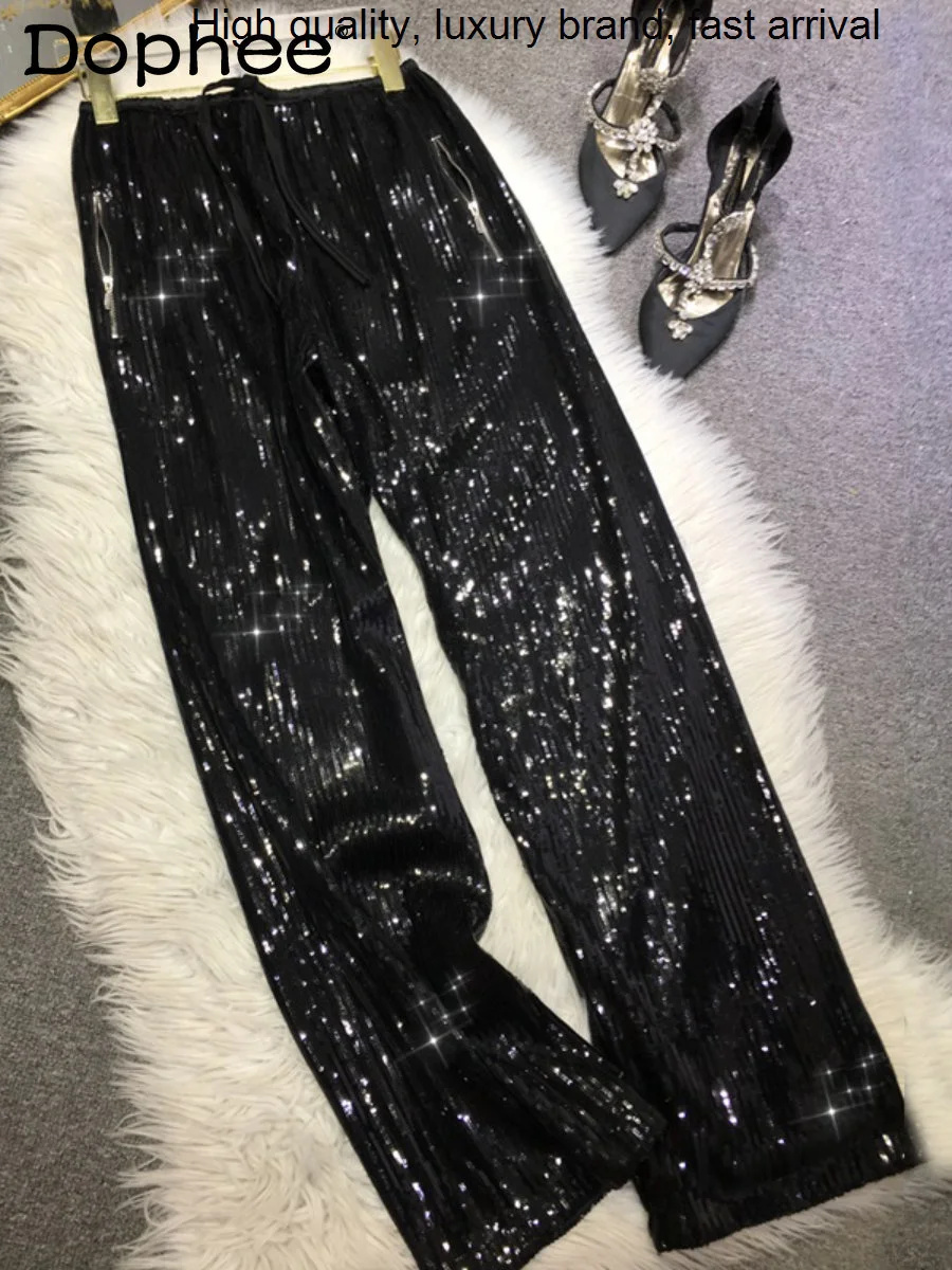 Sequins Heavy Embroidery Bling Wide-Leg Women High Waist Slimming Casual Pants 2023 Spring Summer New Black Long Trousers