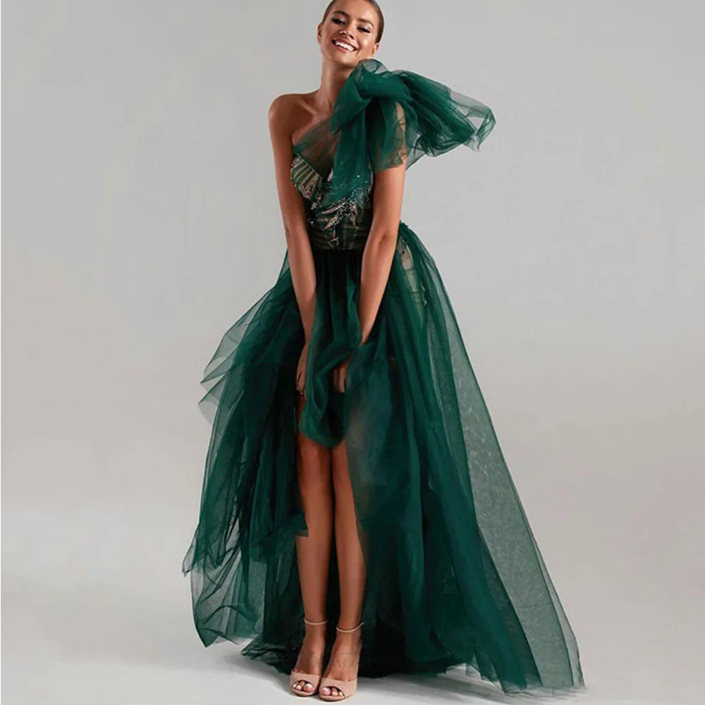 

Weilinsha One Shoulder Prom Party Dress A-line Sliver Applique Tulle Evening Gown Long Ruched Modern Green Robes De Soirée 2022