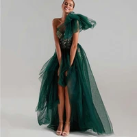 weilinsha one shoulder prom party dress a line sliver applique tulle evening gown long ruched modern green robes de soir%c3%a9e 2022