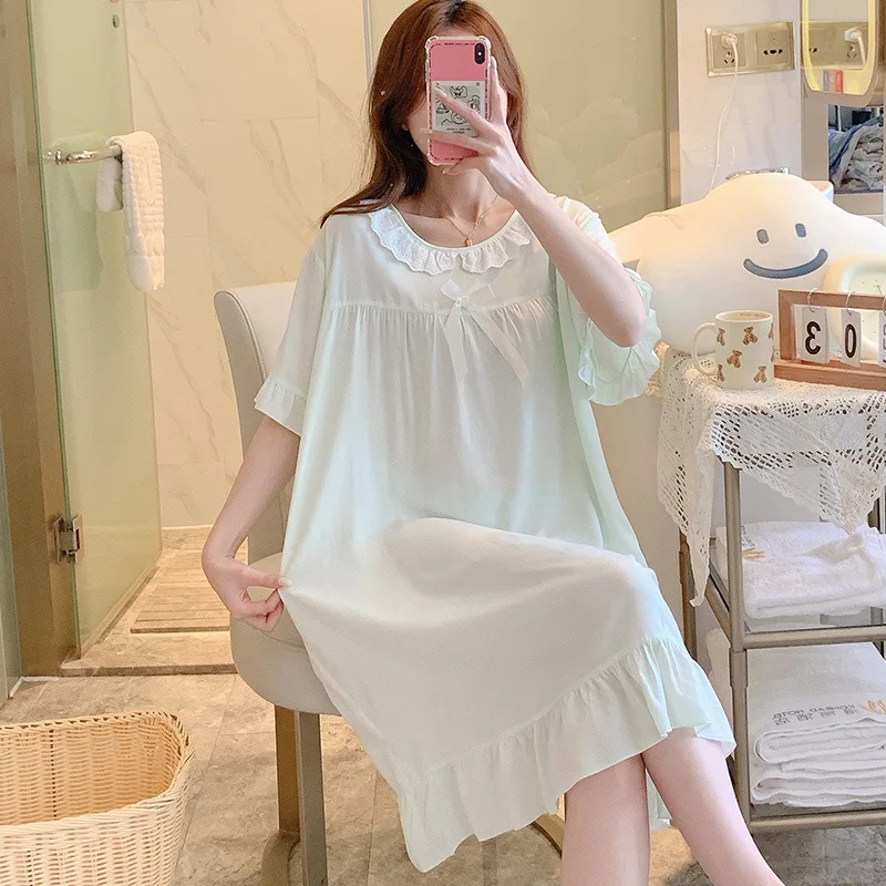 Big Size Women's Clothing Pure Color Nightgowns Summer Pajamas Loose Thin Sleepwear Attractive Women's Nightwear Short Sleeve