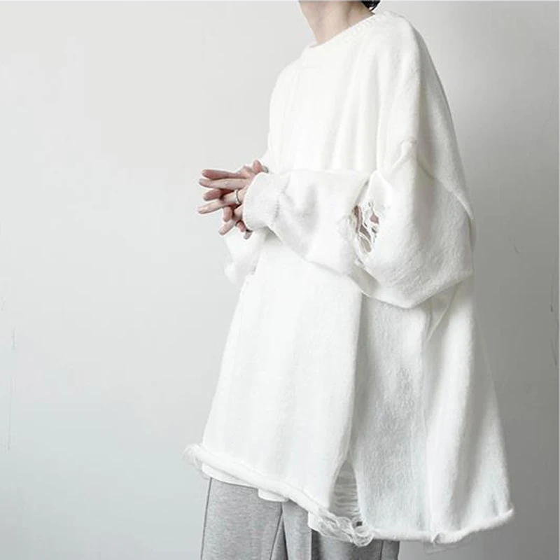 Solid Color Broken Hole  Men's Autumn and Winter High Cold Wind  Grade Round Neck Sweater Fried Street Coat Premium