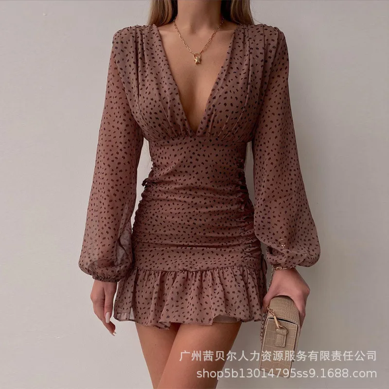 

2022 New Deep V Long Sleeve Pleated Ruffles Dress Women Spring Summer Floral Sexy Mini Bodycon Dress Club Party Latern Sleeve