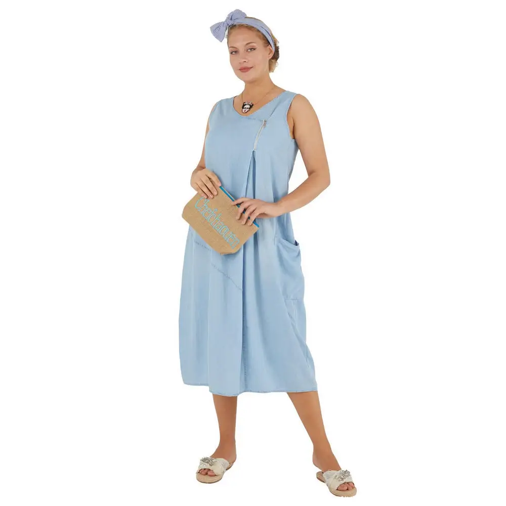 

Fierte Women Large Size Dress Lm24111 V Collar With Thick Straps Sleeveless Jean Zipper Detail Single Pocket Cotton Summer Casual Navy Blue mavi