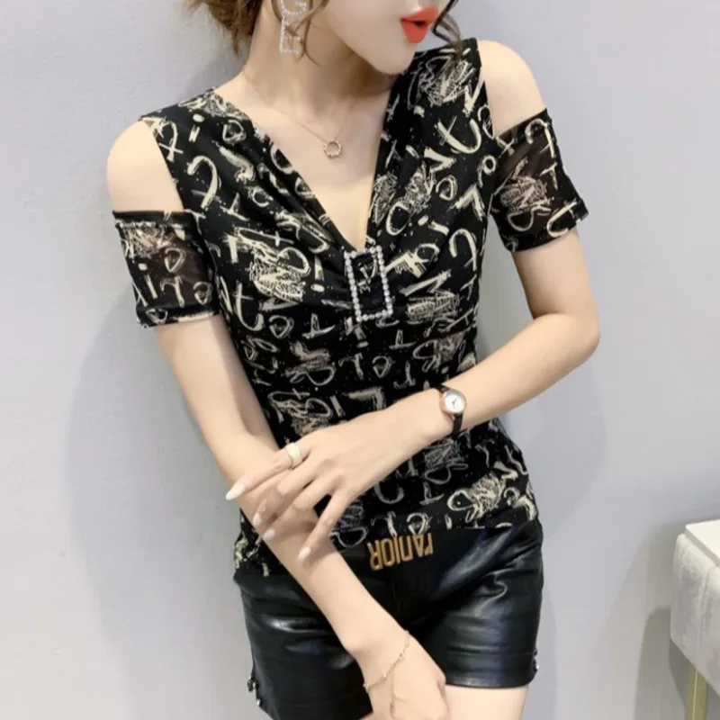 

#7349 Letters Mesh T Shirt Women Short Sleeves V Neck Sexy Tight Casual Vintage Printed Off Shoulder T Shirt Thin Summer Tops