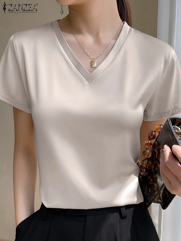 

2023 ZANZEA Fashion Satin Slik Blouse Women Summer V Neck Short Sleeve Tops Elegant OL Work Shirt Femininas Party Blusas Chemise