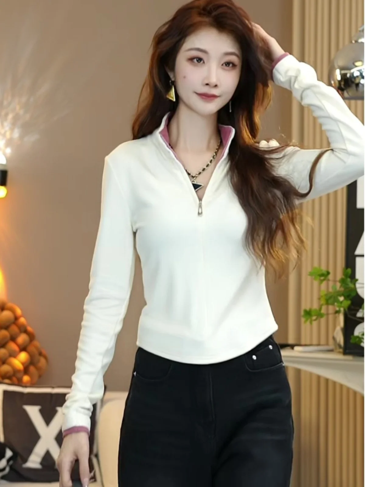 Korean Series Zip-up Half-high Collar Double-sided Plush Contrast Color Knit Women Autumn and Winter New Long sleeve Warm Ela...