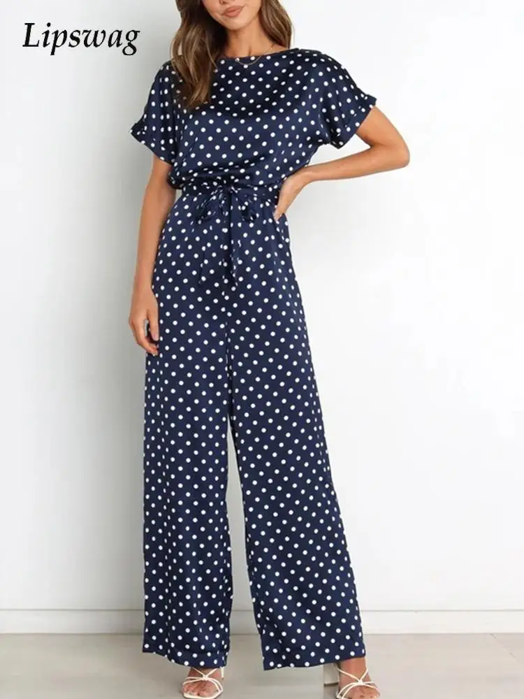 

Women Elegant Dot Printed Rompers 2022 Summer Short Sleeve Wide Leg Pants Jumpsuits Female Vintage Dot Printed Lace-up Playsuits