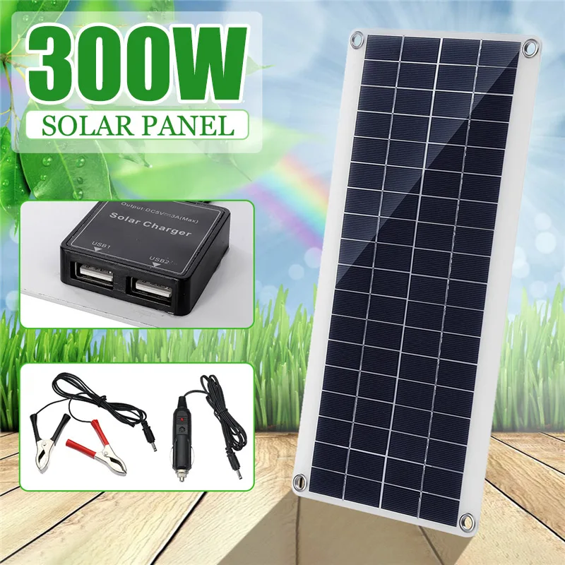 

300W Solar Panel Fast-charging Waterproof Portable Dual 12/5V DC USB Emergency Charging Outdoor Battery Charger For Yacht RV Car