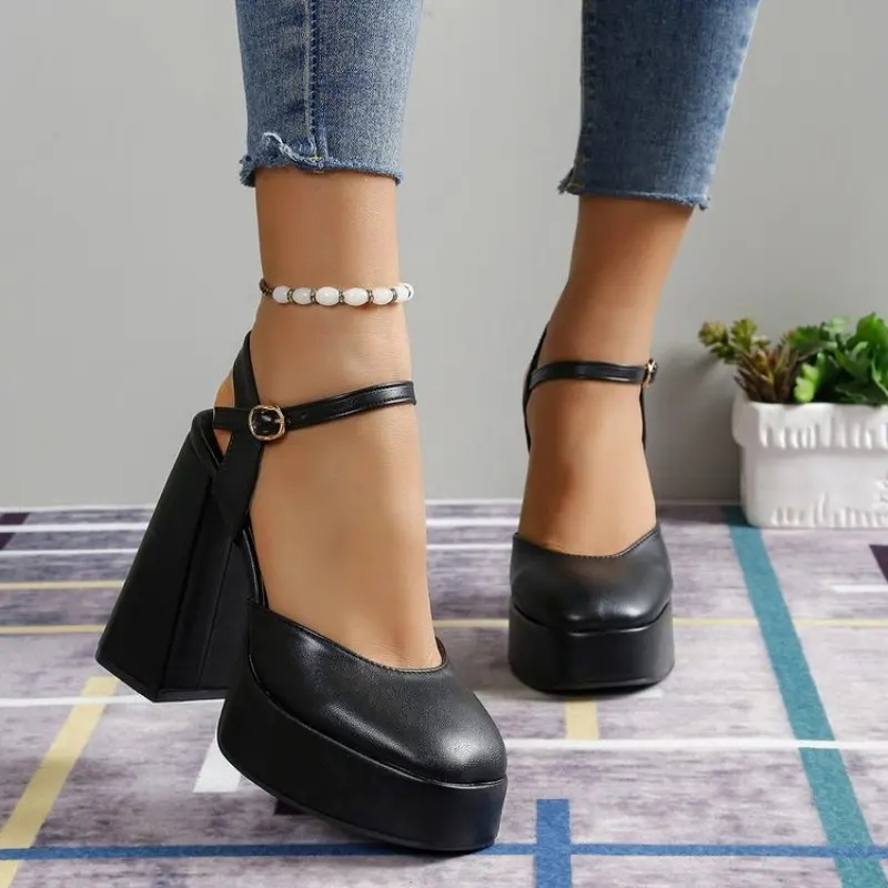 White Heels Shoes for Women Summer Fashion Square Head Buckle Mary Jane Shoes Outdoor Party Chunky Sandals Zapatos De Tacon New