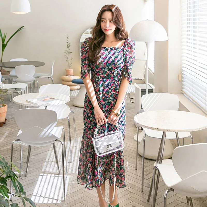 

Women's Summer New High-end Temperament Korean Style Square Neck Short Sleeve Slim Fitting Medium Long Floral Fishtail Dress