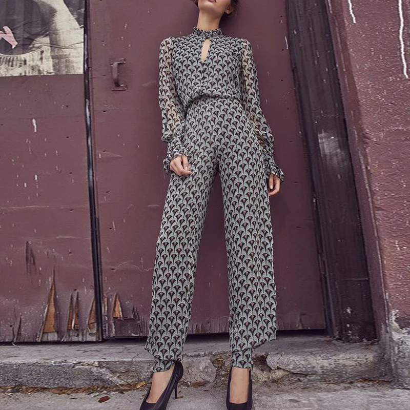 

Women O-neck Long Sleeve Slim Fit Jumpsuit High Waist Spring Hollow Out Loose Wide Leg Jumpsuits