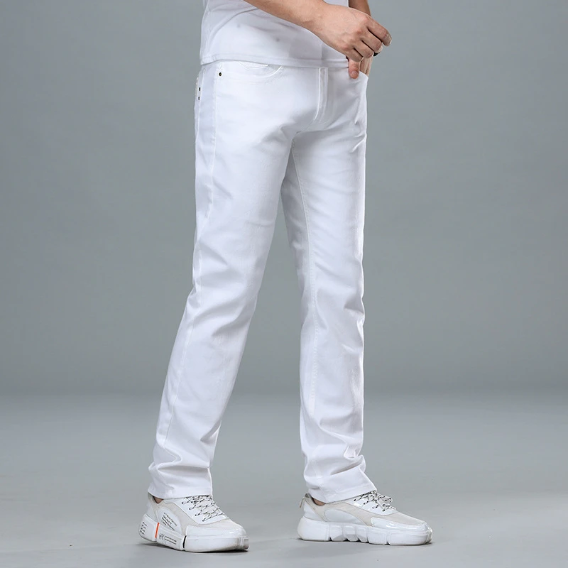 Classic Style Men's Regular Fit White Jeans Business Smart Fashion Denim Advanced Stretch Cotton Trousers Male Brand Pants,109