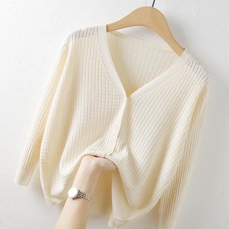 

YEMOGGY Ice Silk Knitted Cardigan Women Autumn Tops 2022 New Casual Loose Thin Solid Single Breasted V-Neck Long Sleeve Cardigan