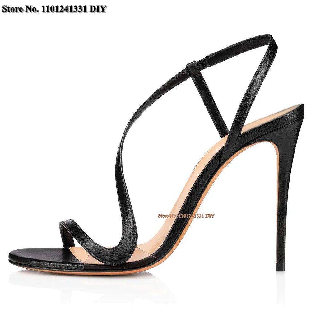 

Fashion Black Nude Leather Slip On Summer Sandal Shoes Thin High Heel Strappy Stiletto Heels Female Party Shoes