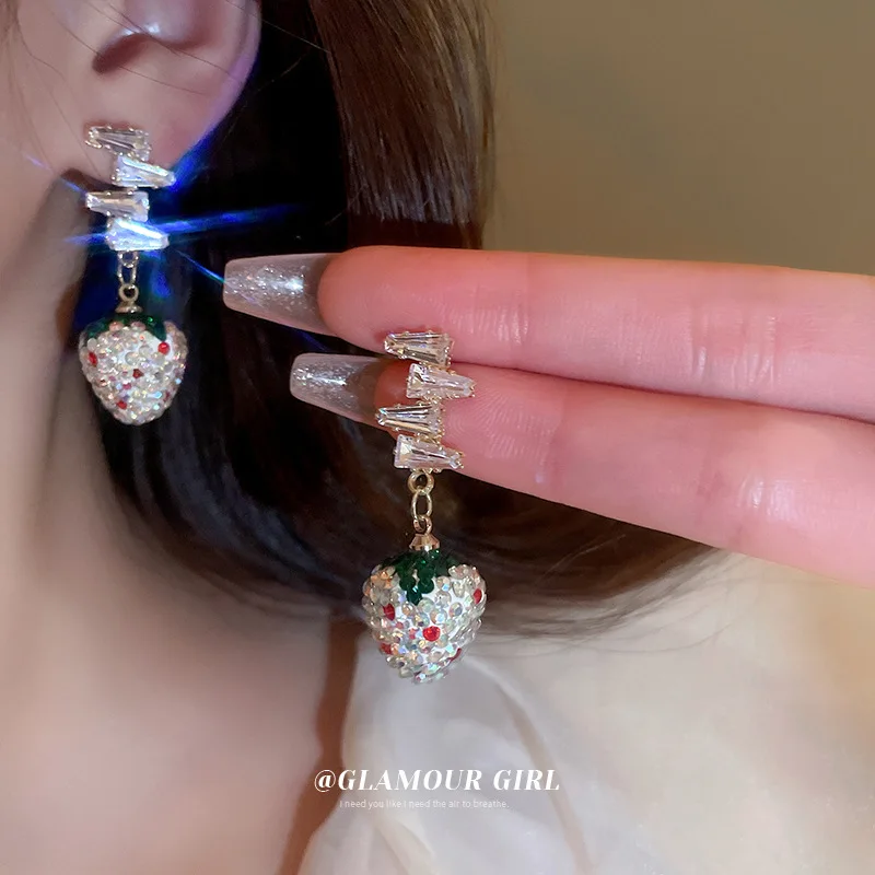 Silver Needle Zircon Diamond Strawberry Earrings Korea Small Fresh Cute Wind Sweet Ins Wholesale