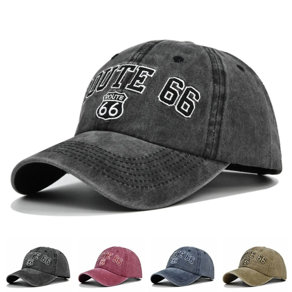

ROUTE 66 Embroidery Letter Trucker Cap Denim Styles Sun Protection Baseball Hats Adjustable Snapback Distressed Dad Caps