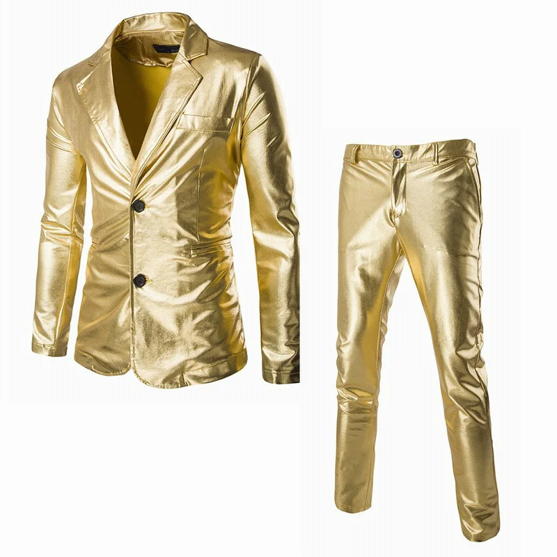 

Fashion Gilded Bright Gold Shiny Casual Suit Set Slim Suit Blazer 2 Piece Set Reflective Fabric Two Piece Suit Male Plus Size