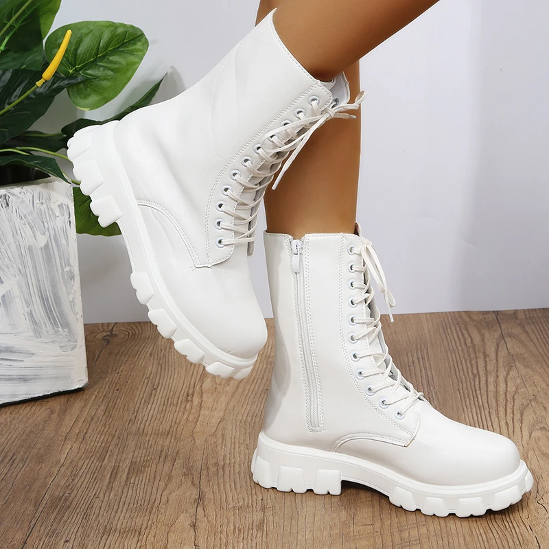 

MOONBIFFY Women PU Leather Motorcycle Boots Wedges Flat Shoes Ladies High Heel Platform Boots Lace Up Girls White Black Shoes
