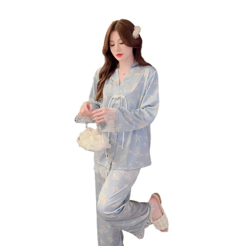 2023 Spring and Autumn New Pajamas Women's Ice Silk Buckle Bamboo Leaf Trousers Long Sleeve Homewear Suit Women's Pajamas