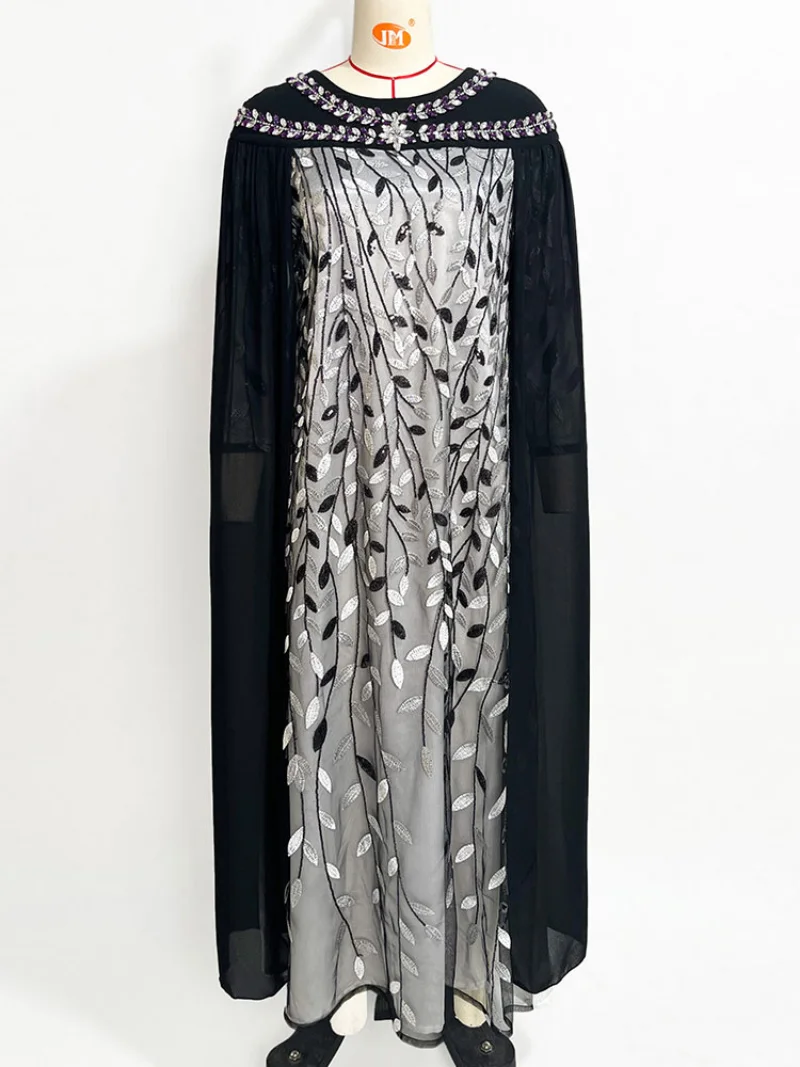 Cloak Evening Dresses  Moroccan Party Kaftan  Women Tulle Embroidered Rhinestone Gulf Banquet Jalabiya Muslim Dubai Black Abayas