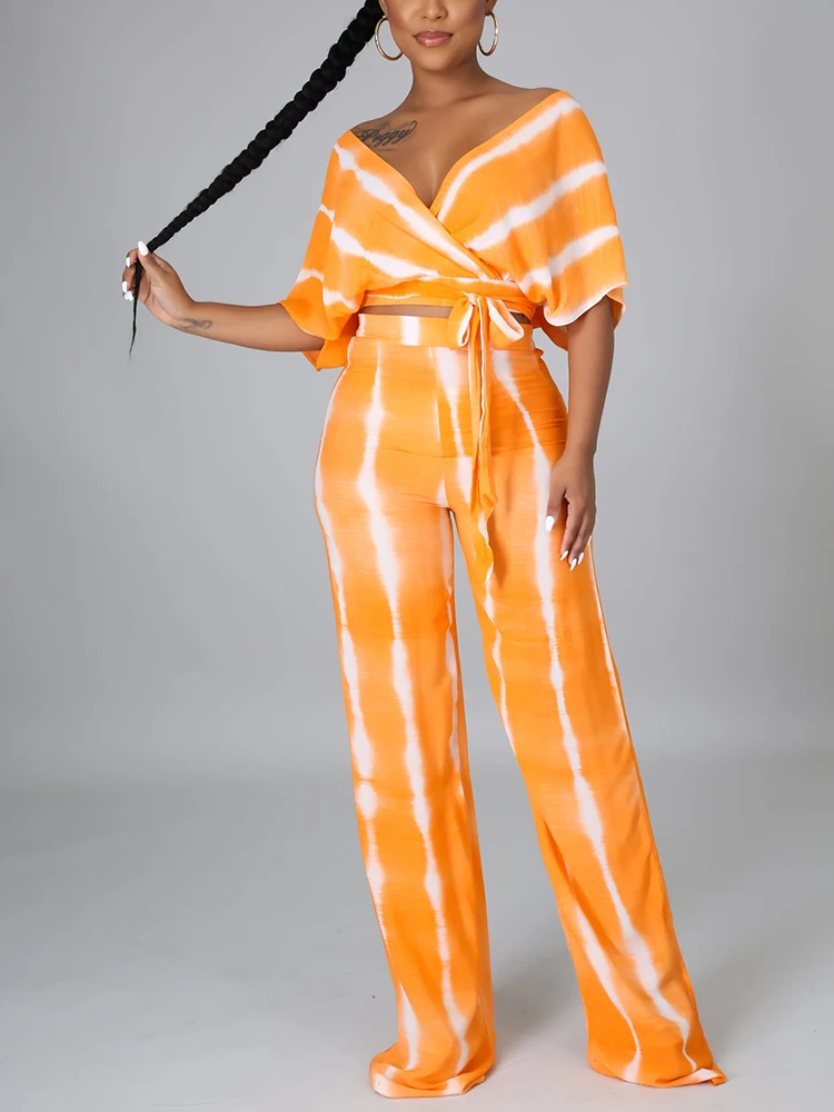 

Sets Outifits 2023 All Print V-neck Open Back Top&pants Set of Two Fashion Casual Pieces for Women Conjuntos Feminino Elegante