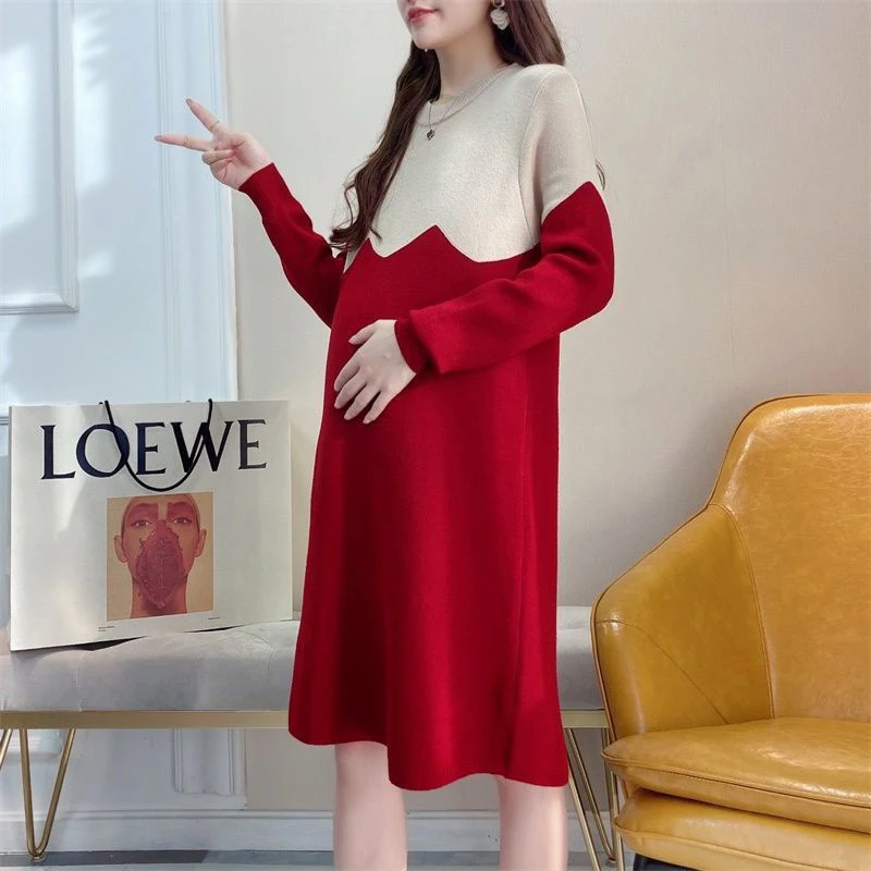 Maternity Autumn Winter Tops Solid Color Simple Fashion Over-the-knee Loose Knitted Sweater Bottoming Dress Maternity Clothing