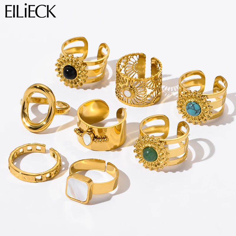 

EILIECK 316L Stainless Steel Gold Color Open Cuff Finger Rings For Women Girl Retro New Non-fading Jewelry Gift Party Wedding