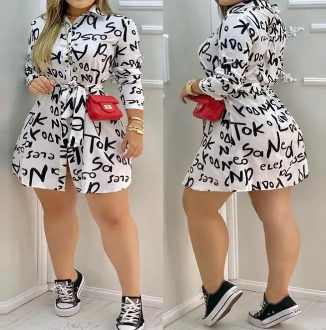 

Fashion Women's Dress Spring Summer 2023 New Fashion Letter Print Button Casual Loose Shirt Dress Cardigan Lace Up Mini Dress