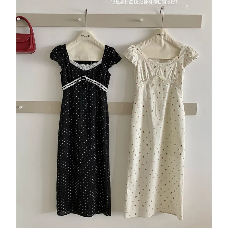 Женское длинное платье в горошек с кружевной юбкой