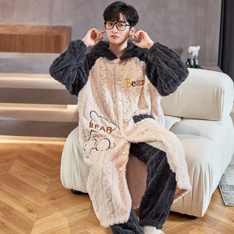 Couple's Thickened Large Flannel Hooded Nightgown Men's Household Suit