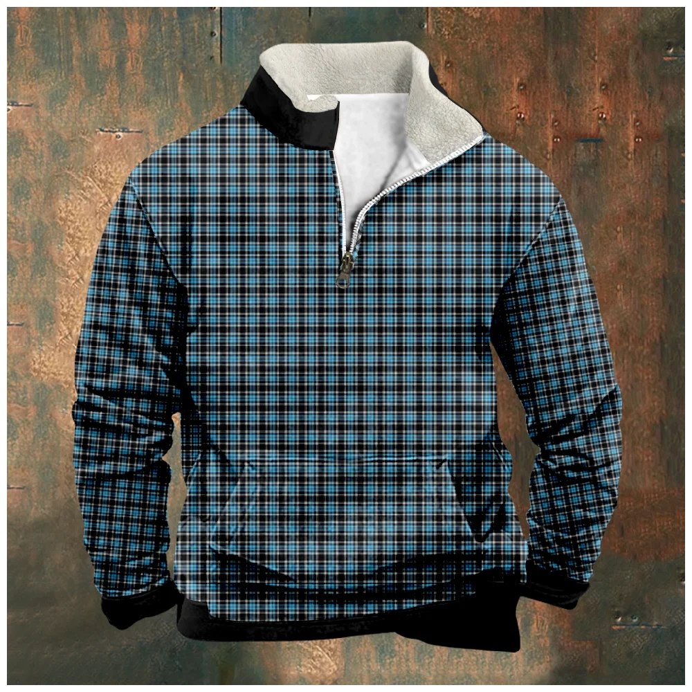 

Vintage Spring Fall Hooded Shirt Fleece Stand Collar Retro Long Sleeve Sweatshirt Men/women Striped Plaid Streetwear Pullovers