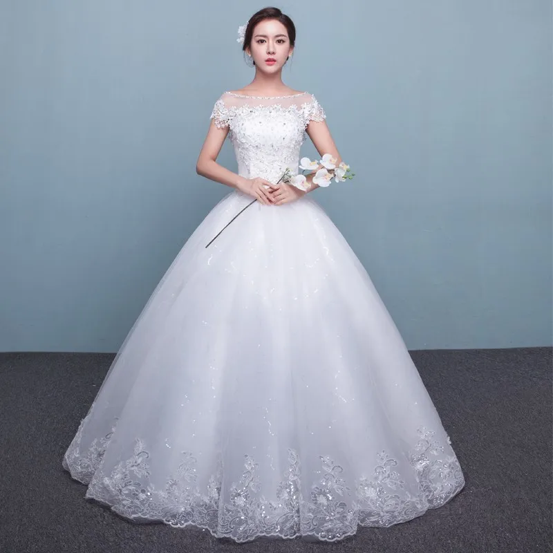 

Cheap Korean Plus Size Wedding Dresses Off White Tulle Lace Embroidery For Bridal Dress Beading Marriage Vestido De Novia