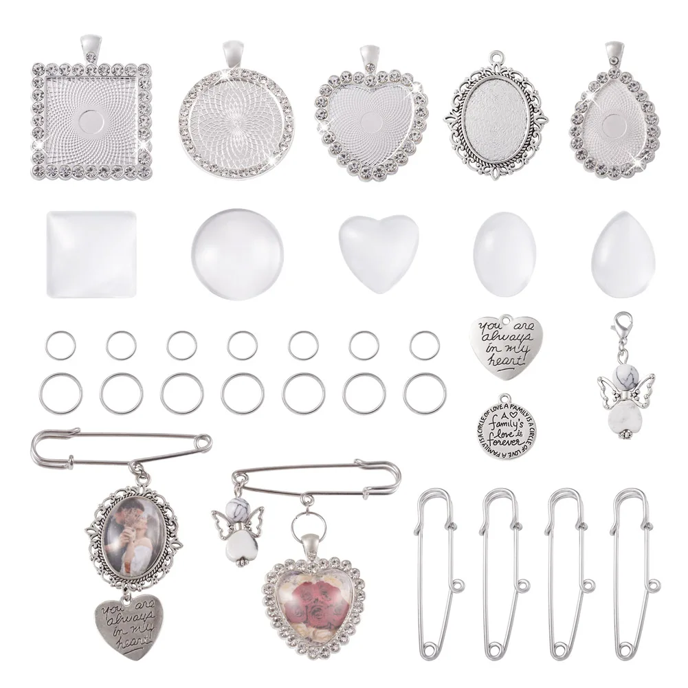 

82pcs/box DIY Charm Drop Safety Pin Brooch Making Kit Alloy Geometry Pendant Cabochon Settings For Women Jewelry Making Supplies