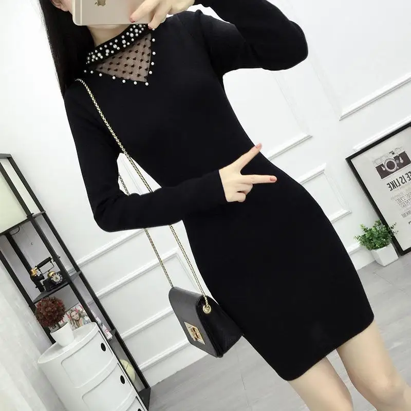 

Knitted Black Wrap Dress Women Korean Style Bodycon Lace Long Sleeve Short Dresses 2022 Autumn Fashion Outfits Solid T194