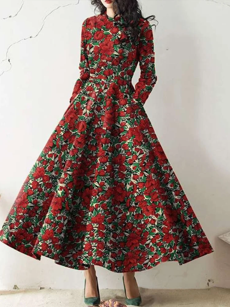 

Платья для женщин, Новинка весна-осень 2022, Цветочное платье с воротником-стойкой и длинным рукавом, модное женское платье, вечерние платья, Халат