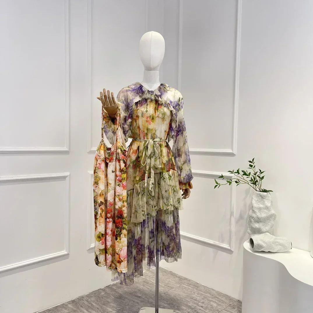 

Pure Silk 2023 New Vintage Top Quality Flounce Long Lantern Sleeve Floral Printing Ruffles Belt Woman Irregular Midi Dress