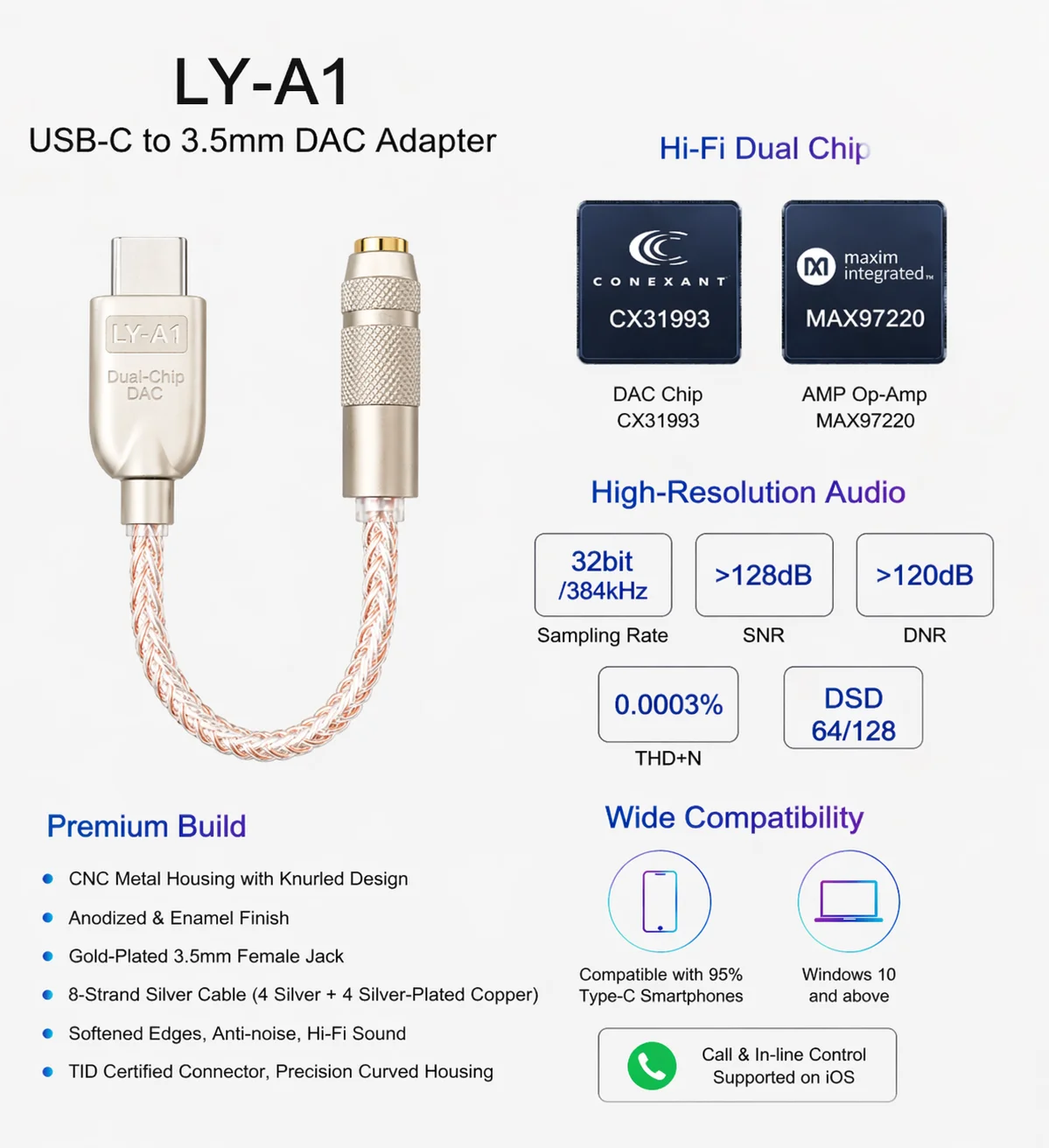 Фото Аудиоадаптер Music Upgrade LY-A1 USB-C DAC с чипами CX319993 и MAX97220, высококачественный преобразователь для телефонов и ноутбуков №3